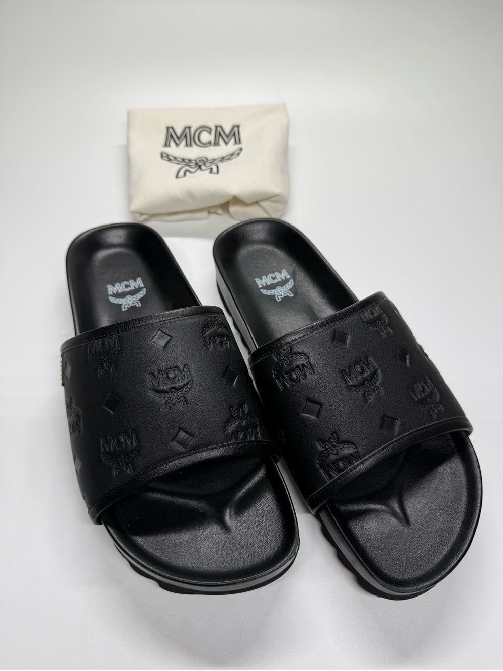 MCM Visetos Logo Slide Sandals Black Men’s Luxury Designer Slides w/ Dust Bag